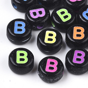 Opaque Black Acrylic Beads, Horizontal Hole, Flat Round with Mixed Color Letter, Letter.B, 7x4mm, Hole: 1.6mm, about 3600pcs/500g