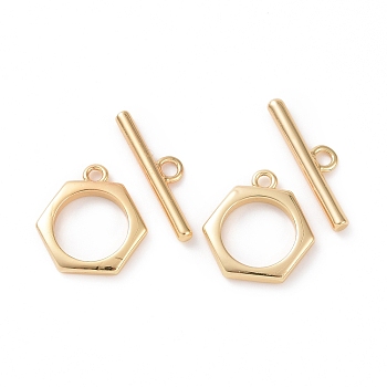 Brass Toggle Clasps, Hexagon, Real 18K Gold Plated, Bar: 18.5x5x2mm, Hole: 2mm, Hexagon: 14x13.5x2mm, hole: 1.5mm