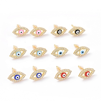Enamel Horse Eye Stud Earrings with Clear Cubic Zirconia, Gold Plated Brass Jewelry for Women, Cadmium Free & Lead Free, Mixed Color, 8x14mm, Pin: 0.8mm