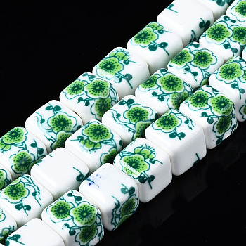 Handmade Porcelain Ceramic Beads Strands, Flower Printed, Cube, Green, 9x9x9mm, Hole: 2.5mm, about 36pcs/strand, 12.4 inches(31.5cm)