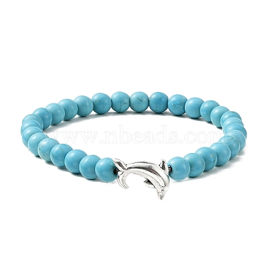 2Pcs 2 Color Tibetan Style Alloy Dolphin & Synthetic Turquoise Round Beaded Stretch Bracelets Set(BJEW-JB09895)-2