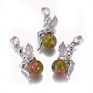 Natural Unakite Pendants, with Platinum Tone Brass Findings, Fairy, 25~26x12~13x8mm, Hole: 3.5x5.5mm(G-L512-E03)