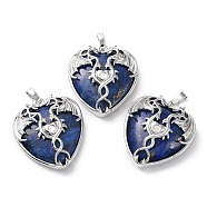 Natural Lapis Lazuli Heart Pendant Rhinestone Settings, Rack Plating Platinum Plated Brass Wings Charms, Long-Lasting Plated, Fit for 3mm Rhinestone, 37x33x10~11.5mm, Hole: 8x5mm(G-K339-01P-02)