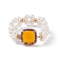 Bling Square Glass Finger Ring, Vintage Shell Pearl Beads Braided Ring for Girl Women, Golden, Goldenrod, US Size 9(18.9mm)(RJEW-TA00018-03)