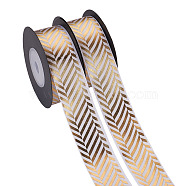 Polyester Satin Ribbon, with Single Face Golden Hot Stamping, Stripe Pattern, White, 1"(25mm), 10yards/roll(9.14m/roll)(OCOR-TAC0001-10B)