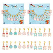 Daily Supplies Theme Pendant Stitch Markers, Alloy Enamel Crochet Lobster Clasp Charms, Locking Stitch Marker with Wine Glass Charm Ring, Clothes/Clock/Milk Bottle, Mixed Color, 2.9~3.5cm, 6 style, 2pcs/style, 12pcs/set(HJEW-AB00397)
