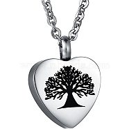Tree of Life Pattern Heart Ash Urn Titanium Steel Pendant Neckalce, Empty Portable Bottle Necklace, Memorial Cable Chain Necklace for Women, Stainless Steel Color, 21-5/8 inch(55cm)(BOTT-PW0013-03)