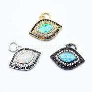 Brass Micro Pave Cubic Zirconia Pendants, with Synthetic Opal, Eye, Mixed Color, 14~14.5x17.5x2.5mm, Hole: 4mm(ZIRC-E126-D)