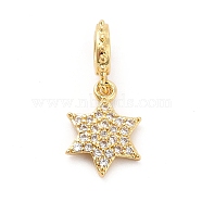 Rack Plating Brass Micro Pave Cubic Zirconia European Dangle Charms, Large Hole Pendants, Star of David Charm, Long-Lasting Plated, Cadmium Free & Lead Free, Real 18K Gold Plated, 19mm, Hole: 4mm, Star: 12.5x9x2mm(KK-K270-11G)