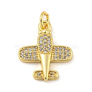 Real 18K Gold Plated Rack Plating Brass Pendants, with Cubic Zirconia, Long-Lasting Plated,Lead Free & Cadmium Free, Airplane, Clear, 18x15x3mm, Hole: 3.5mm(KK-R153-08G)