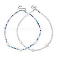 2Pcs 2 Color Glass & Natural Shell Star Beaded Necklaces Set, with Zinc Alloy Clasps, Mixed Color, 14.96 inch(38cm), 1Pc/color(NJEW-JN04646-01)