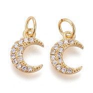 Brass Micro Pave Clear Cubic Zirconia Charms, Long-Lasting Plated, with Jump Rings, Moon, Golden, 10x8x1.6mm, Hole: 3.6mm, jump ring: 5x0.6mm(ZIRC-Z005-01A)