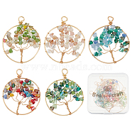 5Pcs 5 Colors Electroplate Glass Pendants, with Real 18K Gold Plated Tone Eco-Friendly Copper Wire, Ring with Tree, Mixed Color, 47~50x38~39x5~6mm, Hole: 2.5~4.5mm, 1pc/color(FIND-BBC0001-33)