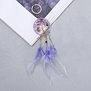 Natural Amethyst Tree of Life Keychain, Iron Woven Net with Feather Keychain, Medium Purple, 280mm(TREE-PW0002-19A)