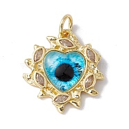 Brass Micro Pave Clear Cubic Zirconia Pendants, with Resin and Jump Rings, Lead Free & Cadmium Free, Heart with Eye, Real 18K Gold Plated, Deep Sky Blue, 21.5x20x4.5mm, Hole: 4mm(KK-I692-01G-01)