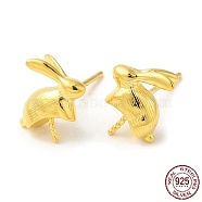 925 Sterling Silver Stud Earring Findings, Rabbit, for Half Drilled Beads, Real 18K Gold Plated, 10x10x4mm, Pin: 0.7mm(STER-M114-21G)