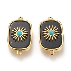 Natural Black Agate & Synthetic Turquoise Links Connectors, with Long-lasting Plated Real 18K Gold Plated Brass Findings, Rectangle, 28x16x6.2mm, Hole: 1.2mm(KK-P184-02A-10G)