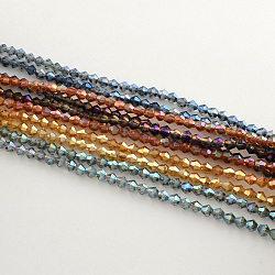 Electroplate Glass Bead Strands, Rainbow Plated, Faceted Bicone, Mixed Color, 4x4.5mm, Hole: 1mm, about 82~85pcs/strand, 30.5~31cm(EGLA-R094-4mm-M2)