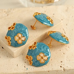 304 Stainless Steel Enamel Stud Earrings, Hollow Flower, Steel Blue, 24x24mm(EJEW-S254-02A-G)