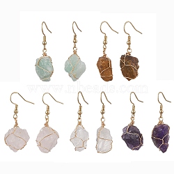 Natural Mixed Gemstone & 304 Stainless Steel Dangle Earrings for Women, Golden, Nuggets, 35~40x10~19mm(EJEW-JE06237)