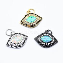 Brass Micro Pave Cubic Zirconia Pendants, with Synthetic Opal, Eye, Mixed Color, 14~14.5x17.5x2.5mm, Hole: 4mm(ZIRC-E126-D)