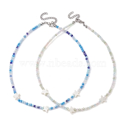 2Pcs 2 Color Glass & Natural Shell Star Beaded Necklaces Set, with Zinc Alloy Clasps, Mixed Color, 14.96 inch(38cm), 1Pc/color(NJEW-JN04646-01)