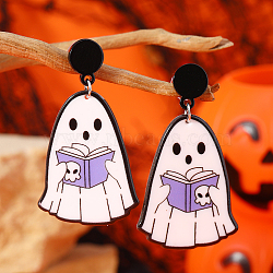 Cute White Ghost Stud Earrings, with Skeleton Head Tombstone Halloween Theme, Lavender(AU5426-1)