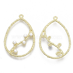 Alloy Pendants, with ABS Plastic Imitation Pearl, teardrop, with Branch, White, Light Gold, 39.5x26x4mm, Hole: 1.5mm(X-PALLOY-S132-046)