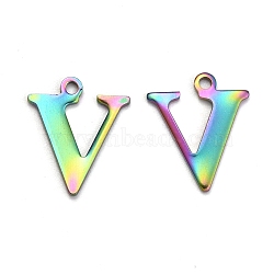 Ion Plating(IP) 304 Stainless Steel Alphabet Charms, Rainbow Color, Letter.V, 12x10x1mm, Hole: 1mm(STAS-H122-V-M)