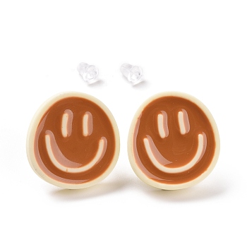 Smiling Face Resin Stud Earrings for Women, with S925 Silver Pin and Ear Nuts, Sienna, 23.5x22mm, Pin: 0.7mm