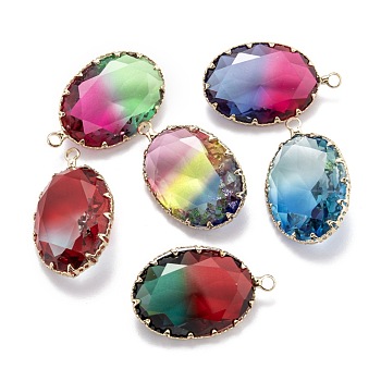 Two Tone Transparent Glass Pendants, with Golden Plated Brass Settings, Faceted Oval, Mixed Color, 30.5x18.5x9.5mm, Hole: 2.2mm
