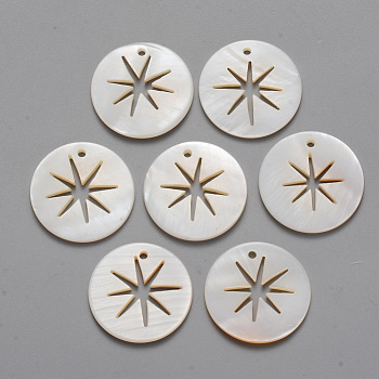 Natural Freshwater Shell Pendants, Flat Round with Hollow Star, 20x1.5mm, Hole: 1.4mm