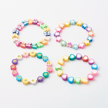 Handmade Polymer Clay Beads Stretch Bracelets, with Brass Beads, Mixed Color, Inner Diameter: 2.48~2.52 inch(63~64mm)
