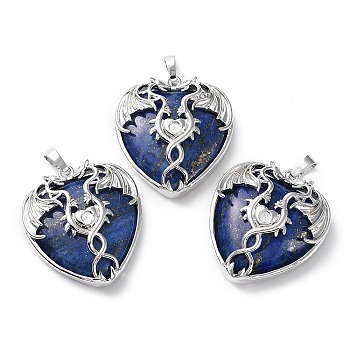 Natural Lapis Lazuli Heart Pendant Rhinestone Settings, Rack Plating Platinum Plated Brass Wings Charms, Long-Lasting Plated, Fit for 3mm Rhinestone, 37x33x10~11.5mm, Hole: 8x5mm