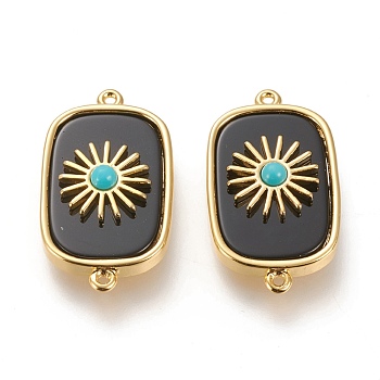 Natural Black Agate & Synthetic Turquoise Links Connectors, with Long-lasting Plated Real 18K Gold Plated Brass Findings, Rectangle, 28x16x6.2mm, Hole: 1.2mm