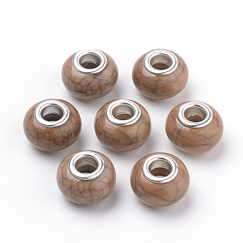 Imitation Turquoise Style Resin European Beads, Large Hole Beads, with Silver Color Plated Brass Double Cores, Rondelle, Camel, 14x9.5mm, Hole: 5mm