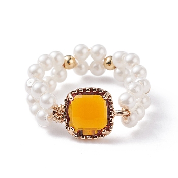 Bling Square Glass Finger Ring, Vintage Shell Pearl Beads Braided Ring for Girl Women, Golden, Goldenrod, US Size 9(18.9mm)