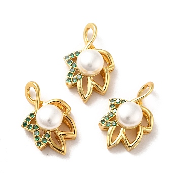 Rack Plating Brass Micro Pave Cubic Zirconia Pendants, with Pearl Beads, Leaf, Golden, 18x12x7mm, Hole: 3x2mm