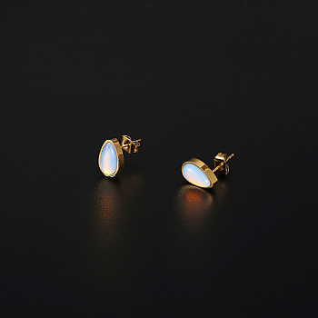 Opalite Teardrop Stud Earrings, 304 Stainless Steel Earrings, Real 18K Gold Plated, 10x6.5mm