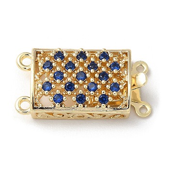 Brass Micro Pave Cubic Zirconia Box Clasps, 2-Strand, 4-Hole, Real 18K Gold Plated, Rectangle, Dark Blue, 10x19.5x5mm, Hole: 1mm and 1.2mm