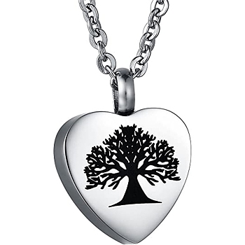 Tree of Life Pattern Heart Ash Urn Titanium Steel Pendant Neckalce, Empty Portable Bottle Necklace, Memorial Cable Chain Necklace for Women, Stainless Steel Color, 21-5/8 inch(55cm)