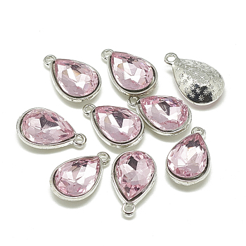 Alloy Glass Charms, Faceted, teardrop, Platinum, Pearl Pink, 14.5x9x5mm, Hole: 1.5mm