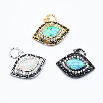 Brass Micro Pave Cubic Zirconia Pendants, with Synthetic Opal, Eye, Mixed Color, 14~14.5x17.5x2.5mm, Hole: 4mm