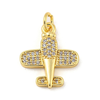 Real 18K Gold Plated Rack Plating Brass Pendants, with Cubic Zirconia, Long-Lasting Plated,Lead Free & Cadmium Free, Airplane, Clear, 18x15x3mm, Hole: 3.5mm