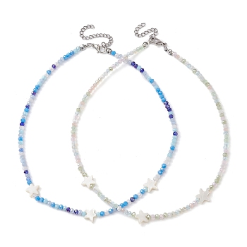 2Pcs 2 Color Glass & Natural Shell Star Beaded Necklaces Set, with Zinc Alloy Clasps, Mixed Color, 14.96 inch(38cm), 1Pc/color