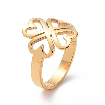 Ion Plating(IP) 201 Stainless Steel Heart Clover Finger Ring, Hollow Wide Ring for Women, Golden, US Size 6 1/2(16.9mm)