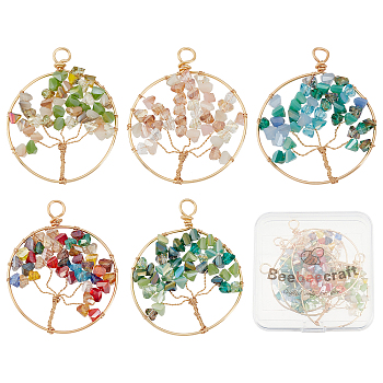5Pcs 5 Colors Electroplate Glass Pendants, with Real 18K Gold Plated Tone Eco-Friendly Copper Wire, Ring with Tree, Mixed Color, 47~50x38~39x5~6mm, Hole: 2.5~4.5mm, 1pc/color