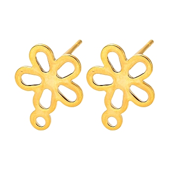 Flower Shape 201 Stainless Steel Stud Earrings Findings, with 304 Stainless Steel Pins & Horizontal Loop, Golden, 14x11.5mm, Hole: 1.4mm, Pin: 0.7mm.