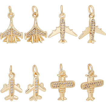 8Pcs 4 Style Brass Pave Cubic Zirconia Pendants, with Jump Ring, Long-Lasting Plated, Lead Free & Cadmium Free, Plane Charm, Real 18K Gold Plated, 14~16x11~13x1.8~5mm, Hole: 2.4~3mm, 2pcs/style
