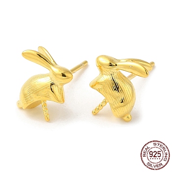 925 Sterling Silver Stud Earring Findings, Rabbit, for Half Drilled Beads, Real 18K Gold Plated, 10x10x4mm, Pin: 0.7mm